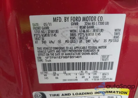 2011 Ford F-150 Lariat z USA, uszkodzony, nr VIN 1FTFW1EF9BFB51401